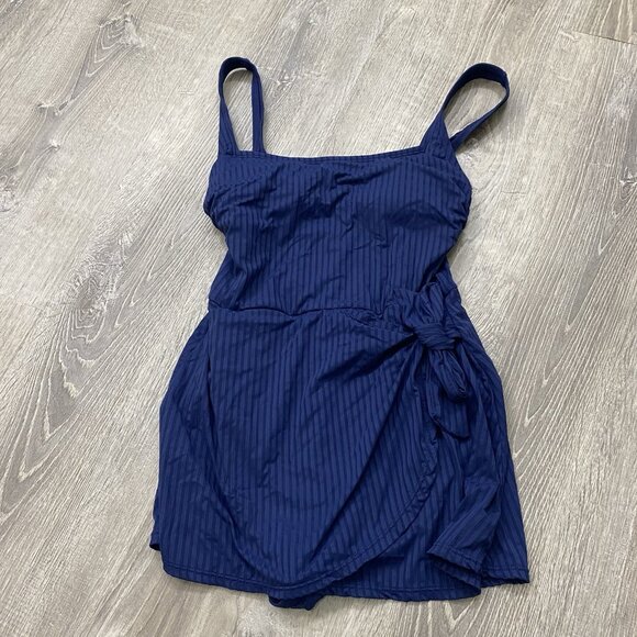 Ellen Tracy Swimsuit Women 6 Blue Ribbed One Piece Ruched Side Beach - Picture 1 of 3